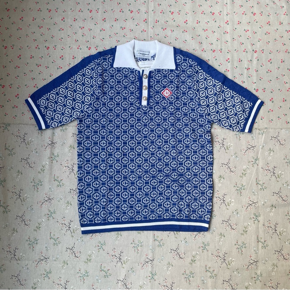 Casablanca Blue Geo Knit Polo with White Trim